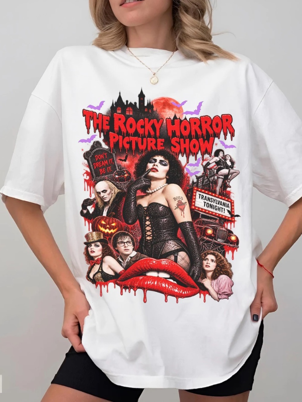 White Rocky Horror Picture Show Graphic Tee with Red & Black Print
